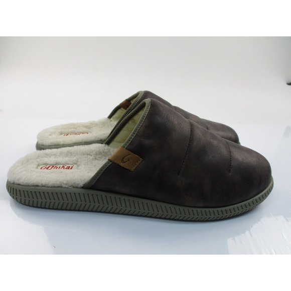 OluKai Other - OluKai Mua 'Ili Slippers Mens 14 Brown Leather Shearling Lined Mules 10502-6321